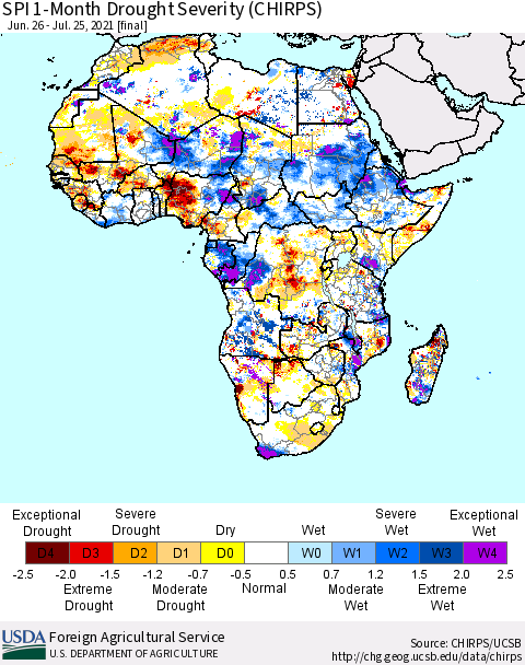Africa SPI 1-Month Drought Severity (CHIRPS) Thematic Map For 6/26/2021 - 7/25/2021