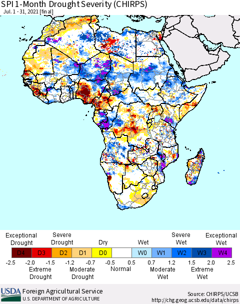 Africa SPI 1-Month Drought Severity (CHIRPS) Thematic Map For 7/1/2021 - 7/31/2021