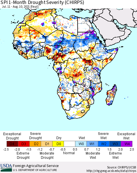 Africa SPI 1-Month Drought Severity (CHIRPS) Thematic Map For 7/11/2021 - 8/10/2021