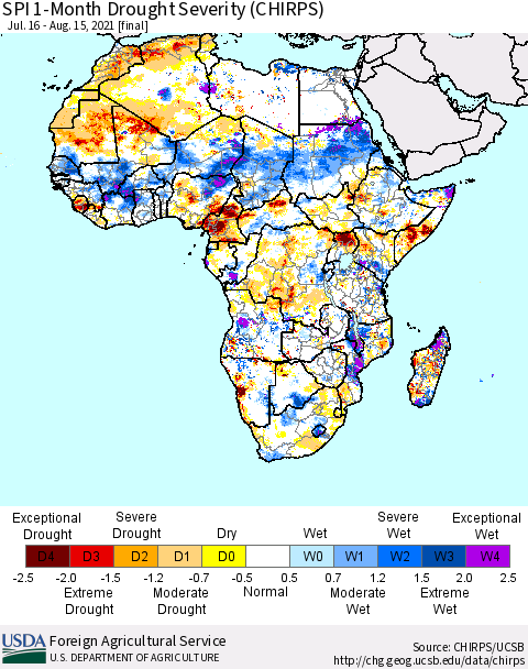 Africa SPI 1-Month Drought Severity (CHIRPS) Thematic Map For 7/16/2021 - 8/15/2021