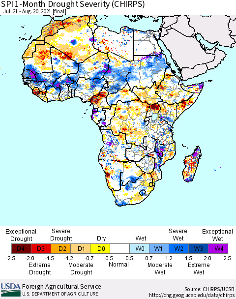 Africa SPI 1-Month Drought Severity (CHIRPS) Thematic Map For 7/21/2021 - 8/20/2021