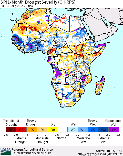 Africa SPI 1-Month Drought Severity (CHIRPS) Thematic Map For 7/26/2021 - 8/25/2021