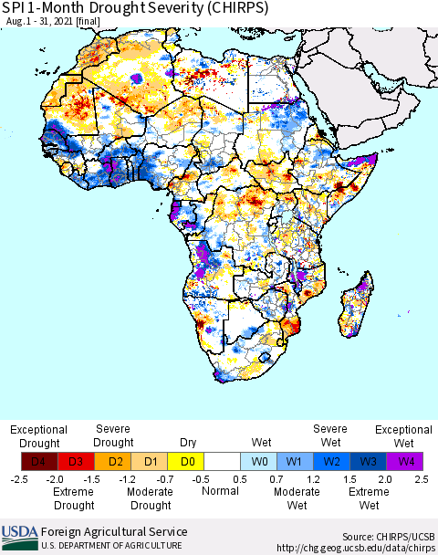 Africa SPI 1-Month Drought Severity (CHIRPS) Thematic Map For 8/1/2021 - 8/31/2021