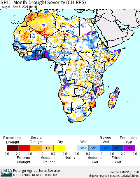 Africa SPI 1-Month Drought Severity (CHIRPS) Thematic Map For 8/6/2021 - 9/5/2021