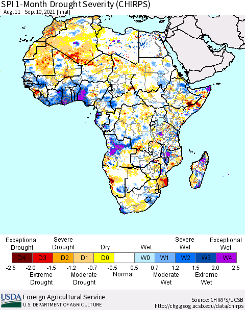 Africa SPI 1-Month Drought Severity (CHIRPS) Thematic Map For 8/11/2021 - 9/10/2021