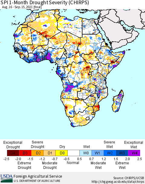 Africa SPI 1-Month Drought Severity (CHIRPS) Thematic Map For 8/16/2021 - 9/15/2021