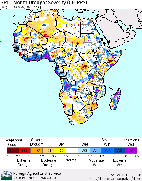 Africa SPI 1-Month Drought Severity (CHIRPS) Thematic Map For 8/21/2021 - 9/20/2021