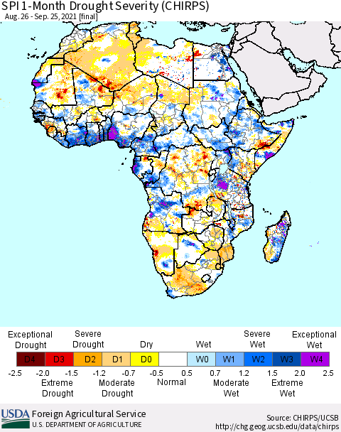 Africa SPI 1-Month Drought Severity (CHIRPS) Thematic Map For 8/26/2021 - 9/25/2021