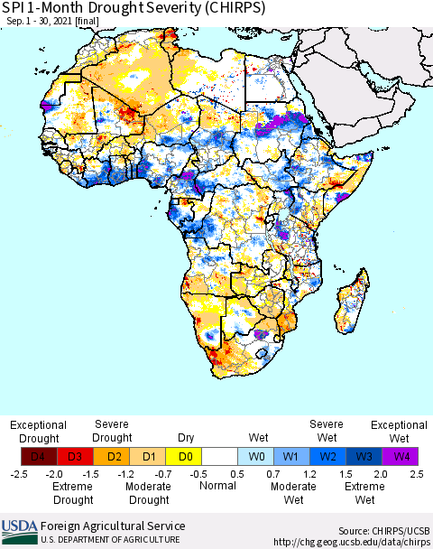 Africa SPI 1-Month Drought Severity (CHIRPS) Thematic Map For 9/1/2021 - 9/30/2021