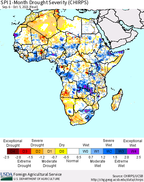 Africa SPI 1-Month Drought Severity (CHIRPS) Thematic Map For 9/6/2021 - 10/5/2021