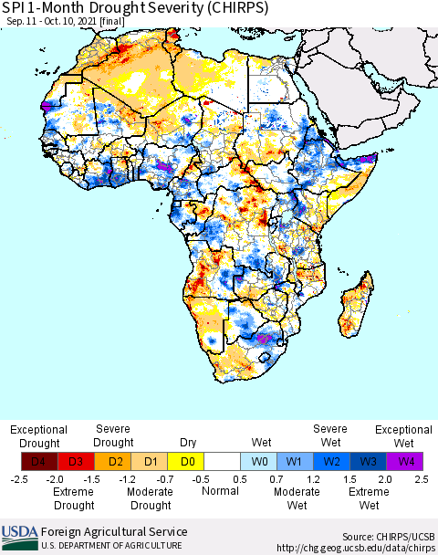 Africa SPI 1-Month Drought Severity (CHIRPS) Thematic Map For 9/11/2021 - 10/10/2021