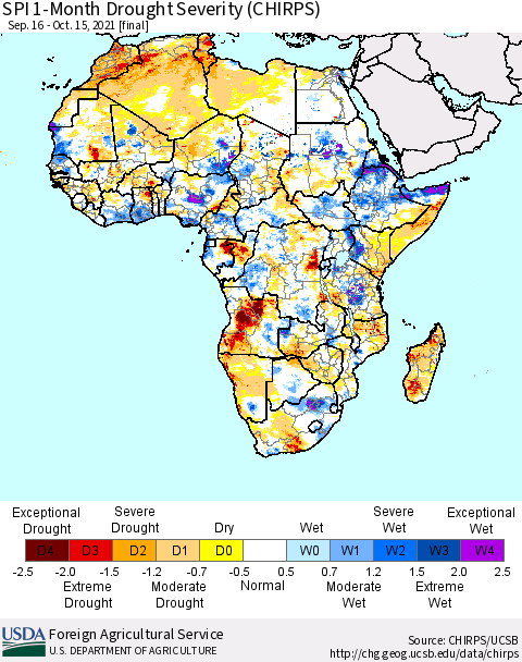 Africa SPI 1-Month Drought Severity (CHIRPS) Thematic Map For 9/16/2021 - 10/15/2021