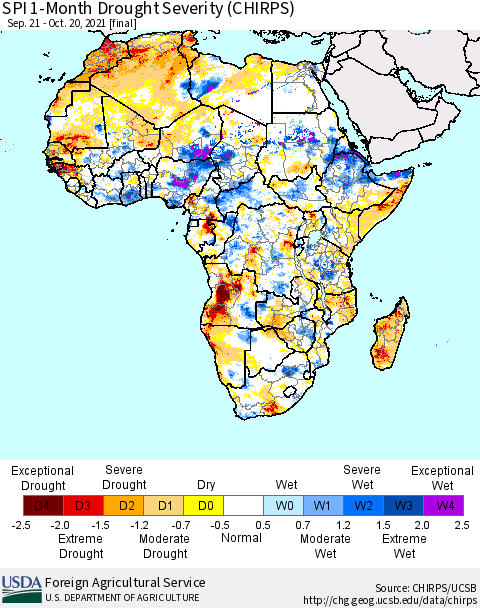Africa SPI 1-Month Drought Severity (CHIRPS) Thematic Map For 9/21/2021 - 10/20/2021