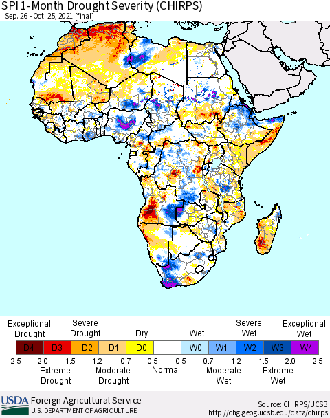 Africa SPI 1-Month Drought Severity (CHIRPS) Thematic Map For 9/26/2021 - 10/25/2021