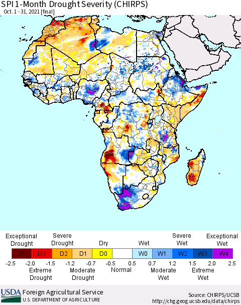 Africa SPI 1-Month Drought Severity (CHIRPS) Thematic Map For 10/1/2021 - 10/31/2021