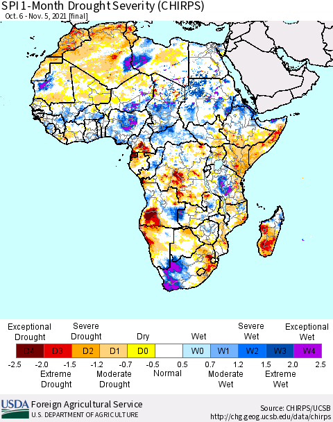 Africa SPI 1-Month Drought Severity (CHIRPS) Thematic Map For 10/6/2021 - 11/5/2021