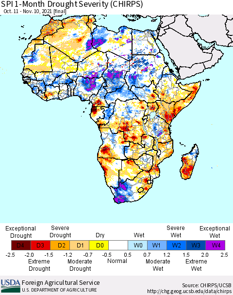 Africa SPI 1-Month Drought Severity (CHIRPS) Thematic Map For 10/11/2021 - 11/10/2021