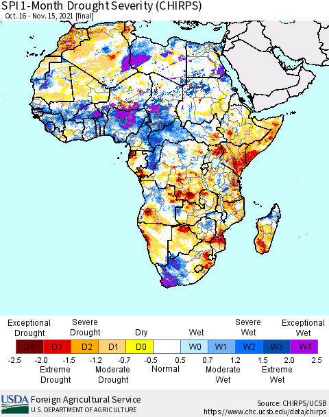 Africa SPI 1-Month Drought Severity (CHIRPS) Thematic Map For 10/16/2021 - 11/15/2021