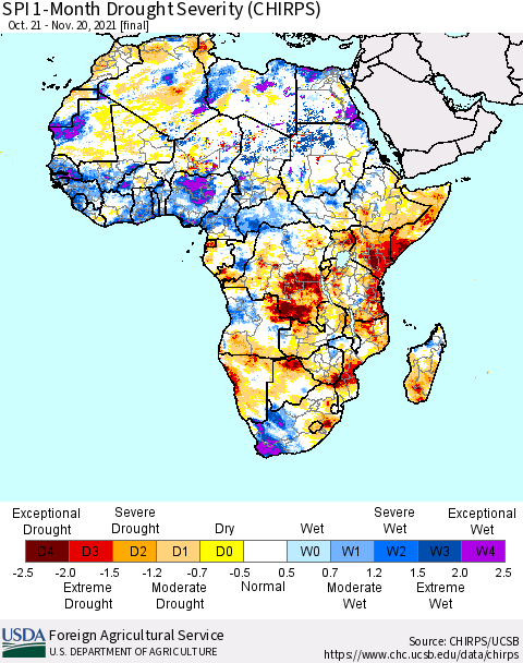 Africa SPI 1-Month Drought Severity (CHIRPS) Thematic Map For 10/21/2021 - 11/20/2021