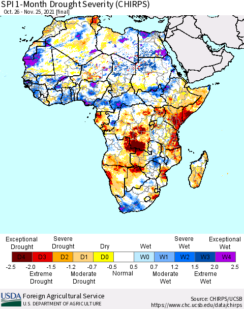Africa SPI 1-Month Drought Severity (CHIRPS) Thematic Map For 10/26/2021 - 11/25/2021
