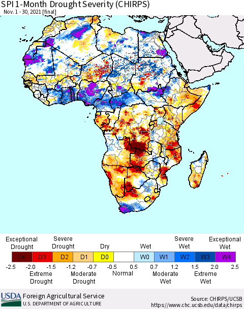 Africa SPI 1-Month Drought Severity (CHIRPS) Thematic Map For 11/1/2021 - 11/30/2021