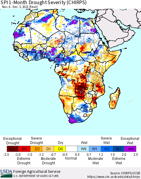 Africa SPI 1-Month Drought Severity (CHIRPS) Thematic Map For 11/6/2021 - 12/5/2021