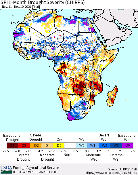 Africa SPI 1-Month Drought Severity (CHIRPS) Thematic Map For 11/11/2021 - 12/10/2021