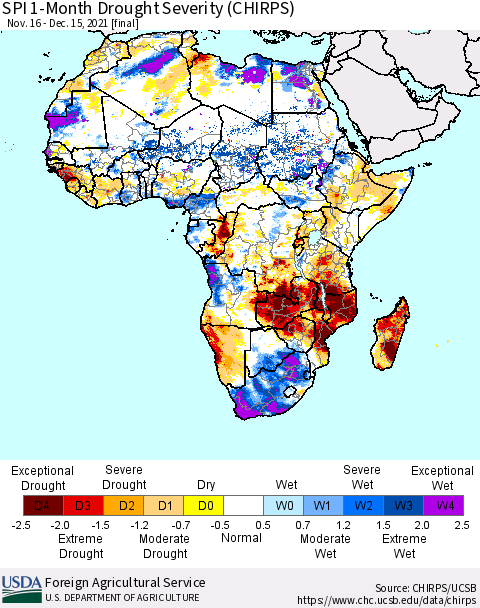 Africa SPI 1-Month Drought Severity (CHIRPS) Thematic Map For 11/16/2021 - 12/15/2021