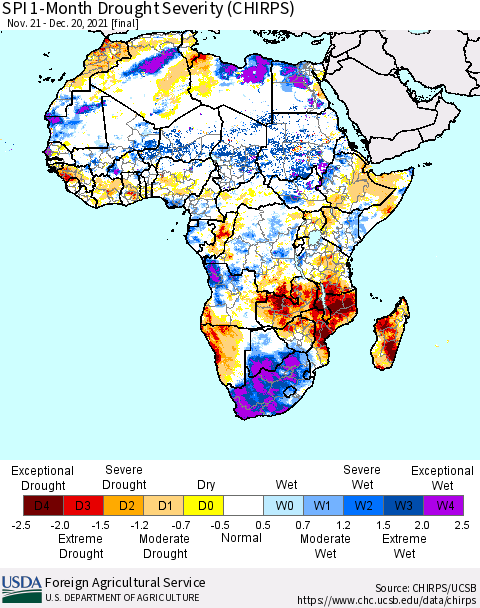 Africa SPI 1-Month Drought Severity (CHIRPS) Thematic Map For 11/21/2021 - 12/20/2021