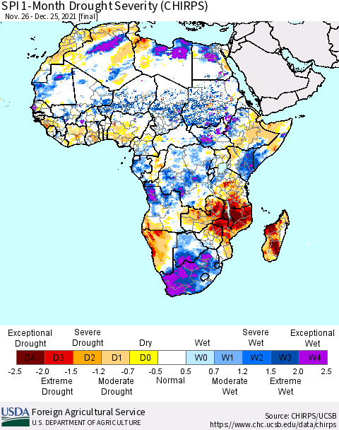 Africa SPI 1-Month Drought Severity (CHIRPS) Thematic Map For 11/26/2021 - 12/25/2021