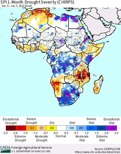 Africa SPI 1-Month Drought Severity (CHIRPS) Thematic Map For 12/6/2021 - 1/5/2022