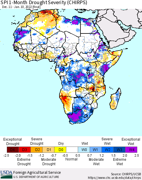Africa SPI 1-Month Drought Severity (CHIRPS) Thematic Map For 12/11/2021 - 1/10/2022