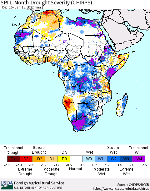 Africa SPI 1-Month Drought Severity (CHIRPS) Thematic Map For 12/16/2021 - 1/15/2022