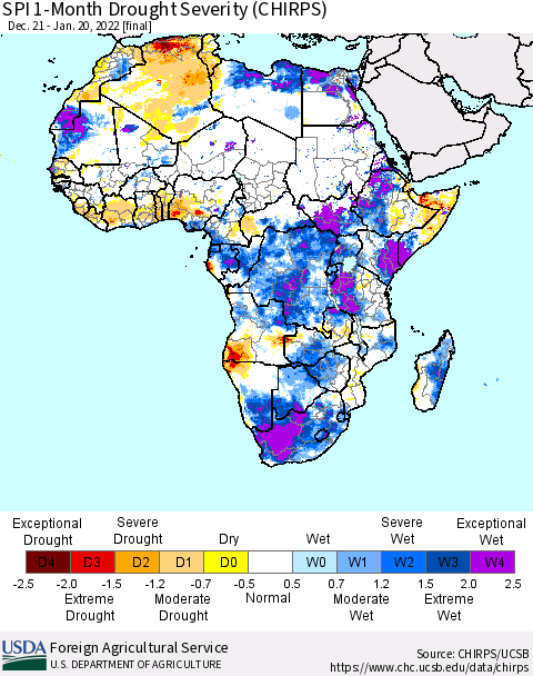 Africa SPI 1-Month Drought Severity (CHIRPS) Thematic Map For 12/21/2021 - 1/20/2022