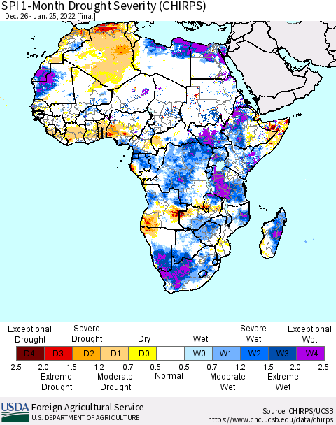 Africa SPI 1-Month Drought Severity (CHIRPS) Thematic Map For 12/26/2021 - 1/25/2022
