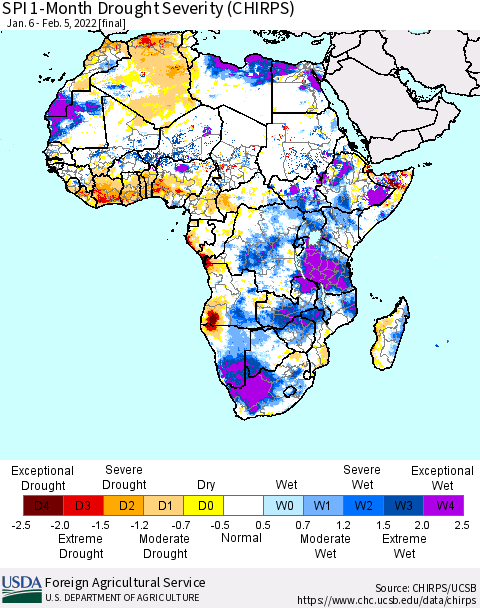 Africa SPI 1-Month Drought Severity (CHIRPS) Thematic Map For 1/6/2022 - 2/5/2022