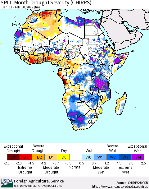 Africa SPI 1-Month Drought Severity (CHIRPS) Thematic Map For 1/11/2022 - 2/10/2022