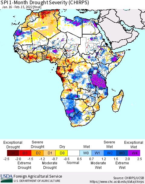 Africa SPI 1-Month Drought Severity (CHIRPS) Thematic Map For 1/16/2022 - 2/15/2022