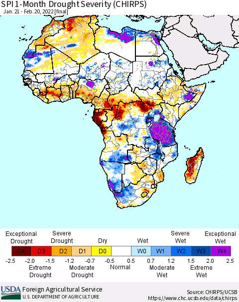 Africa SPI 1-Month Drought Severity (CHIRPS) Thematic Map For 1/21/2022 - 2/20/2022