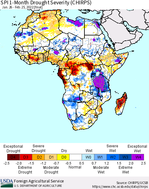 Africa SPI 1-Month Drought Severity (CHIRPS) Thematic Map For 1/26/2022 - 2/25/2022