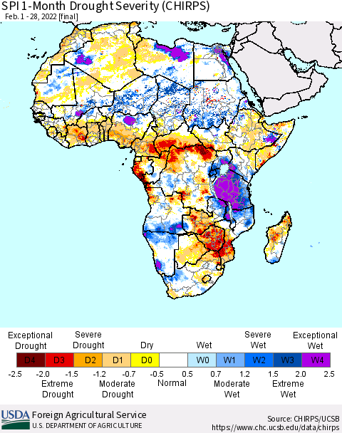Africa SPI 1-Month Drought Severity (CHIRPS) Thematic Map For 2/1/2022 - 2/28/2022