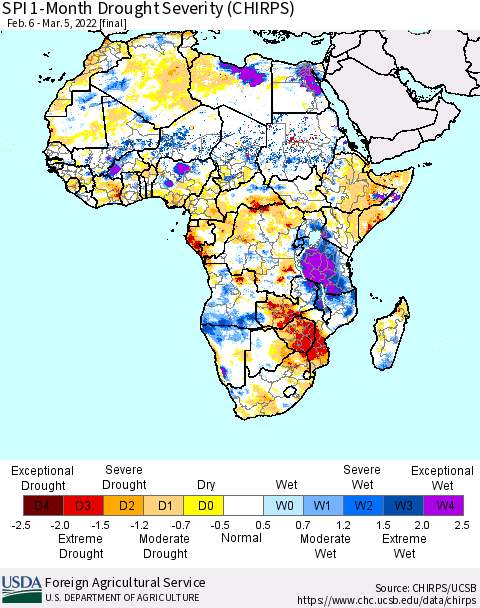 Africa SPI 1-Month Drought Severity (CHIRPS) Thematic Map For 2/6/2022 - 3/5/2022