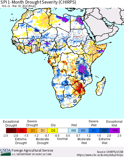 Africa SPI 1-Month Drought Severity (CHIRPS) Thematic Map For 2/11/2022 - 3/10/2022