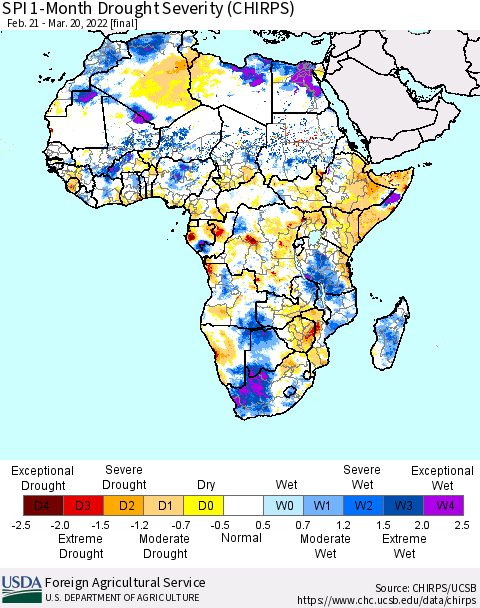 Africa SPI 1-Month Drought Severity (CHIRPS) Thematic Map For 2/21/2022 - 3/20/2022