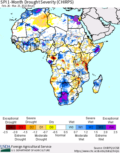 Africa SPI 1-Month Drought Severity (CHIRPS) Thematic Map For 2/26/2022 - 3/25/2022