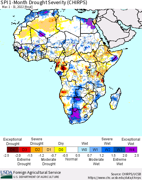 Africa SPI 1-Month Drought Severity (CHIRPS) Thematic Map For 3/1/2022 - 3/31/2022