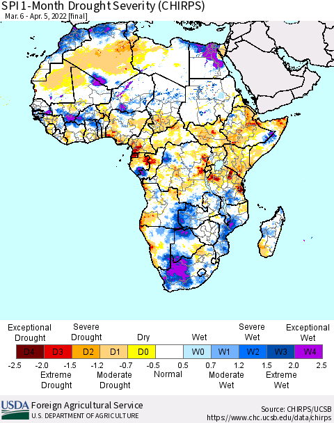 Africa SPI 1-Month Drought Severity (CHIRPS) Thematic Map For 3/6/2022 - 4/5/2022