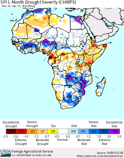 Africa SPI 1-Month Drought Severity (CHIRPS) Thematic Map For 3/16/2022 - 4/15/2022