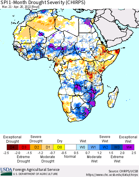 Africa SPI 1-Month Drought Severity (CHIRPS) Thematic Map For 3/21/2022 - 4/20/2022