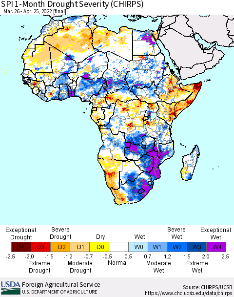 Africa SPI 1-Month Drought Severity (CHIRPS) Thematic Map For 3/26/2022 - 4/25/2022